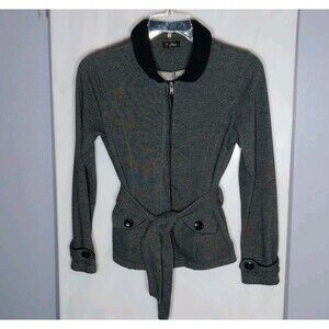 Guess Women’s Knit Jacket Large Heather Gray Zip Front Belted Fitted